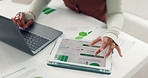 Tablet screen, laptop and hands of person with documents for review, graphs and online report. Tech, office and employee with research for paperwork, proposal or schedule with project management