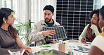 Solar panel, workshop and meeting with business man in office for planning, photovoltaic prototype or team. Renewable energy pitch, eco friendly grid launch and discussion with employees in startup