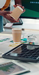 Cup, documents and hands with business people at desk in office for energy development ideas. Collaboration, solar panel and paperwork with employee at work for eco friendly or photovoltaic planning
