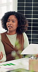 Conversation, documents and solar energy with woman in office for meeting or project management. Collaboration, paperwork and photovoltaic power supply with employee team in workplace for innovation