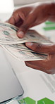 Woman, hands and counting money with dollar bills for finance, cash or budget in office. Accounting, business person and employee with financial expenses, laptop and audit document or project funding