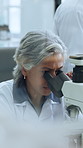 Mature woman, microscope and laboratory for sample analysis, medical research and vaccine development. Person, scientist and equipment with pharmaceutical study, bacteria or particles with solution