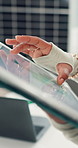 Person, hands and scroll with tablet for renewable energy, sustainable future or solar power. Closeup, employee or designer with technology for eco friendly development or alternative innovation