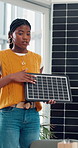 Pitch, solar panel and sustainability with business woman in office for product proposal. Meeting, presentation and renewable energy with person speaking in workplace for photovoltaic power supply