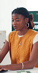 Computer, typing and black woman in office for research, ESG or environmental business. Technology, sustainability manager and person in workplace for ecology project, schedule or startup development