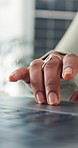 Hand, laptop and business woman scroll for research, environmental compliance or project review. Person, computer and touchpad in office for online information, ESG and sustainability report closeup