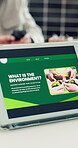 Environment, meeting or people in office with tablet screen, energy security or info for green project. Sustainability, team or employee in agency with tech, guide or growth in eco friendly plan.