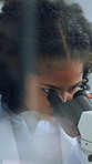 Scientist, research or woman in lab with microscope for sample analysis, biotech or cell inspection. Bokeh, person or science expert with equipment, medical innovation or cure development for cancer.