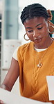 Financial paperwork, black woman or reading in office, data analysis or review client investment. Charts, profit or analyst with performance report for forecasting, trend research or asset management