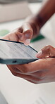 Phone, typing and hands of business woman in office for communication, company newsletter and contact. Networking, project update and email with employee in agency for notification and text message