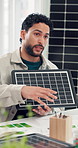 Solar panel, business man and presentation for clean energy or sustainable idea in meeting. Renewable power, startup pitch and person with photovoltaic prototype in office for eco friendly innovation