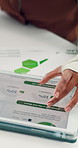 Hands, tablet screen and graphs at office with scroll, review or insight with statistics for market share. Person, tech and click with application, charts and project management with report at agency