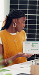 Solar panel, meeting and tablet screen with black woman in office for graphs or photovoltaic prototype. Renewable energy pitch, eco friendly grid report and team with charts in startup workshop