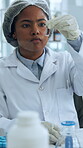 Blood tube, notes or woman in laboratory for research, biology or dna investigation for pharmaceutical study. Medical, coworking or scientist in clinic with writing, analysis or results in fluid exam