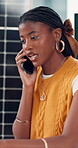 Phone call, solar panel or black woman in office with typing, chat or feedback for sustainable project. Digital, talk or employee in agency with tech, discussion or proposal for photovoltaic power.