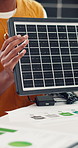 Hands, solar panel and presentation at office meeting with renewable energy, model and review at company. Person, engineer and photovoltaic tech with documents, planning or sustainability at agency