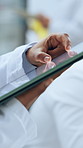 Scientist, hands and tablet with scroll for chemistry, feedback and medical research. Biotech, laboratory and technology with digital app for pharmaceutical analysis, pathology or experiment results