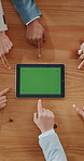 Business, hands and pointing at tablet with green screen for advertising, collaboration and teamwork. Above, employees and people gesture to tech for mockup space, digital marketing and promotion.