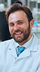 Science, face and smile with man in lab for experiment results, drug trial and research. Pharmacy, medical study and pathology report with scientist in clinic for vaccine development and review