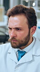 Pathology, reading or man with stress in lab, scientific reflection or contemplating trial process. Medical innovation, thinking or scientist with concern for experiment issue, worry or clinical cure