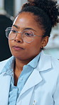 Medical research, glasses and black woman in lab, thinking and test results for experiment. Problem solving, scientist and person in workplace, eyewear and chemistry with report for vaccine and study