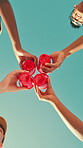 People, hands and below with cheers in celebration for alcohol or summer vacation on space. Low angle, group or friends with cool beverage under blue sky for social gathering or reunion in nature