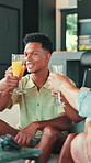 Man, friends and toast with drinks on sofa, excited or party for reunion, community and new years eve. People, group and happy with bonding, celebration and cocktail on couch in living room at house