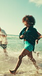 Running, friends and group on vacation, water splash and fun on adventure, beach and trip in nature. Outdoor, race and people with energy for summer holiday, tourism and bonding in paradise or sea