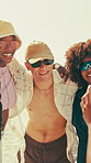Happy, hug and friends at beach with photo for memory on holiday, vacation or weekend together. Travel, summer hangout and people with smile, emoji and pose for picture for social media outdoor