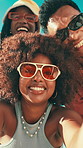 Woman, friends and selfie with sunglasses, outdoor or excited with low angle, vacation and summer. People, group and smile with photography, memory or profile picture for social media post on holiday