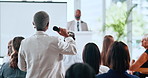 Business woman, microphone and question in seminar for introduction, discussion and global convention. Training, speaker and back of person with audience at conference for engagement and b2b speech