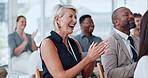 Mature women, applause and crowd at convention, happy and profit announcement at corporate event. Business people, team and smile for clapping hands, goal or celebration for achievement at conference