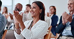 Women, applause and excited in crowd at convention, happy and profit announcement at corporate event. Business people, group and smile for clapping, goal or celebration for achievement at conference