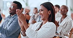 Women, applause and happy in audience at convention, excited or profit announcement at corporate event. Business people, crowd and smile for clapping, goal or celebration for achievement at seminar