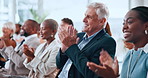Business people, applause and smile in seminar for introduction, award and discussion at global convention. Clapping hands, celebration and agreement or presentation at conference for b2b thank you
