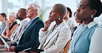 Conference, crowd and tablet with business woman in convention center for development workshop. App, attention and education with employee group in auditorium audience for professional tradeshow