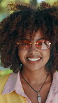 Face, sunglasses and woman with laughing at park for summer holiday, funny break and street style. Fashion, gen z person and happy with shades in nature for trendy aesthetic, weekend and confidence