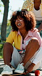 Laughing, couple and push on skateboard at park with support, bonding activity or street fashion. Happy, balance or gen z people with skating in road for relationship fun, weekend break or edgy style