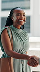 Happy woman, handshake or meeting with introduction for corporate onboarding or partnership in city. Female person, employee or shaking hands with smile for business deal or negotiation in urban town