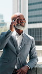 Mature businessman, phone call and talk on balcony, smile or listne for property deal at workplace. African person, smartphone and happy for update, info or excited for real estate investing in Kenya