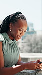 Smile, business and black woman with phone on balcony for real estate, research and property update. Realtor, mobile and commercial listing with housing deal, seller negotiation and chat for viewing 