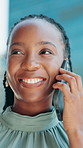 Phone call, happy and black woman in city with communication, networking or contact for negotiation. Smile, outdoor and African female financial advisor on mobile discussion with cellphone in town.