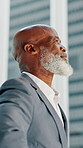 Decision, outdoor and mature black man in city for planning with finance career development. Thinking, ideas and African male financial manager with choice or brainstorming for job growth in town.