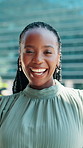 Black woman, face and happy on balcony at office, laugh and excited for job at insurance company. African person, smile and portrait with career, pride or confident at risk management agency in Kenya