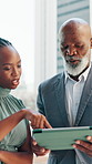City, property development and tablet with business black people outdoor for discussion or meeting. App, conversation or planning with client and developer downtown for commercial real estate sale