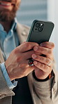 Cellphone, hands and businessman in city with networking, communication or email for finance deal. Phone, outdoor and male financial manager with research for investment proposal in urban town.