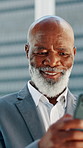 Smile, business and black man with phone on balcony for real estate, research and property update. Mature person, mobile app and laughing with commercial listing, seller negotiation and funny message