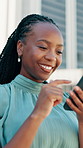 Smile, business and black woman with phone outdoor for real estate, research and property update. Realtor, mobile and commercial listing with housing deal, seller negotiation and laugh for funny chat