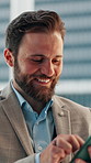 Phone, smile and businessman in city with networking, communication or email for finance deal. Cellphone, outdoor and male financial manager with research for investment proposal in urban town.