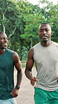 Fitness, friends and men outdoor with running, cardio and support in workout routine. Exercise, partner and athlete in park with jog, marathon motivation and training together for sports goal.